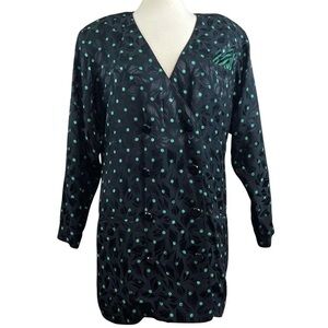 Vtg AJ Bari Silk Polka Dot Buttoned Oversized 80s Jacket Black Green Size 16